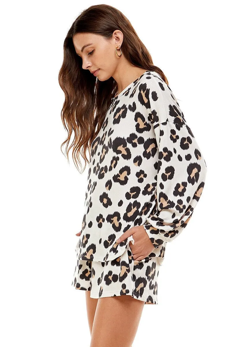 Women's Casual Cute Flannel and Leopard Print Pullover Tops and Short Pants Pajama Outfits Sets with Pocket Made in USA