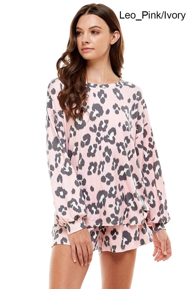 Women's Casual Cute Leopard Print Pullover Tops and Short Pants Pajama Outfits Sets with Pocket Made in USA