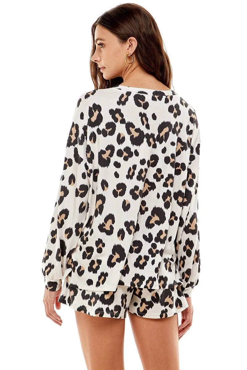 Women's Casual Cute Leopard Print Pullover Tops and Short Pants Pajama Outfits Sets with Pocket Made in USA