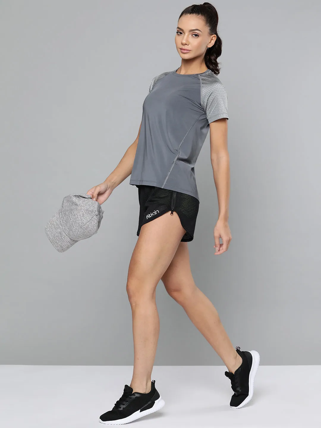 Women's Grey Solid Training or Gym T-shirt