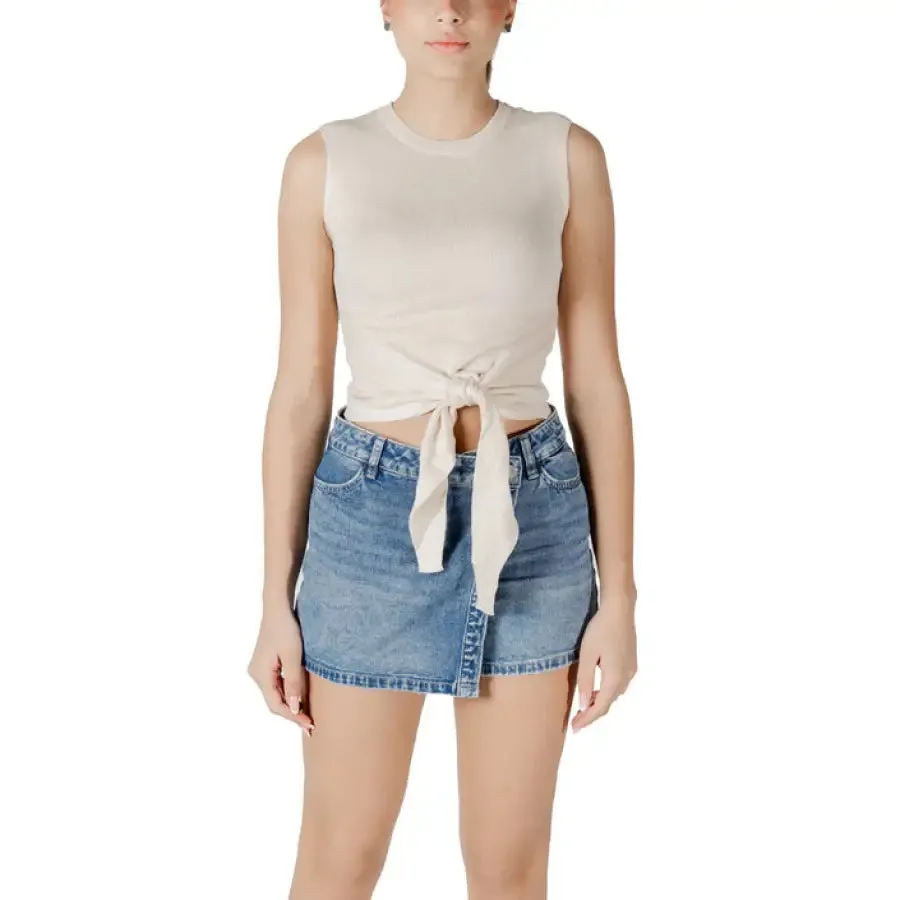 Womens Navy Tie Front Tank Top and Denim Mini Skirt