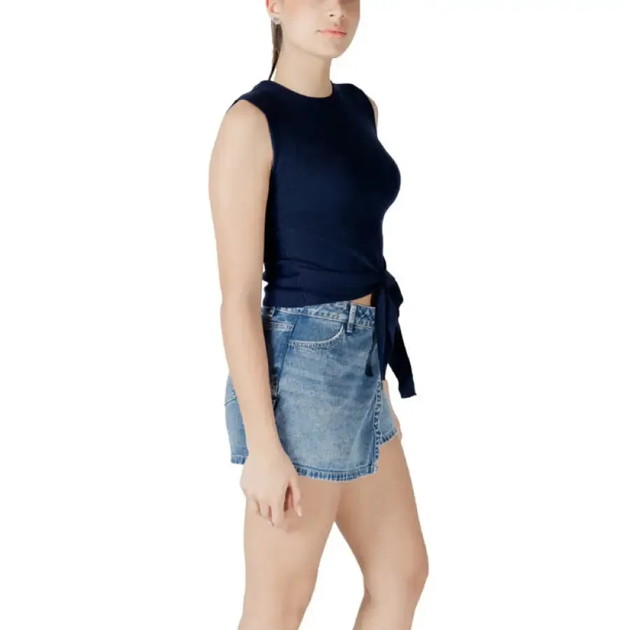 Womens Navy Tie Front Tank Top and Denim Mini Skirt