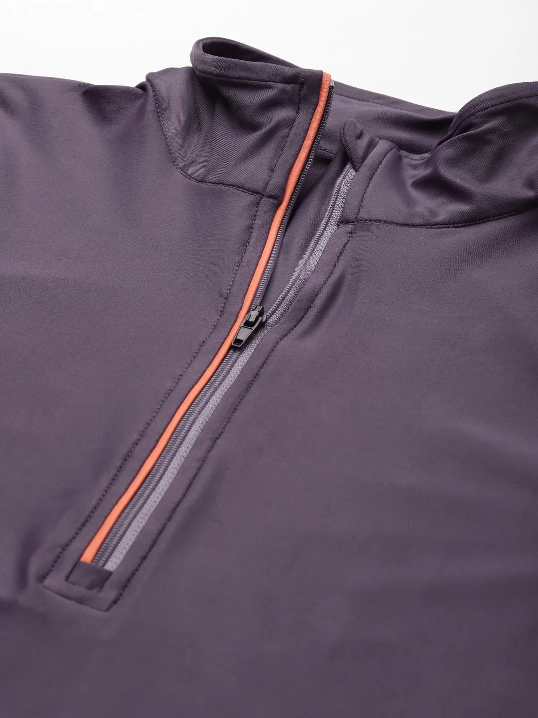 Women's Purple Solid High Neck Half Zipper Thumbhole Training T-shirt