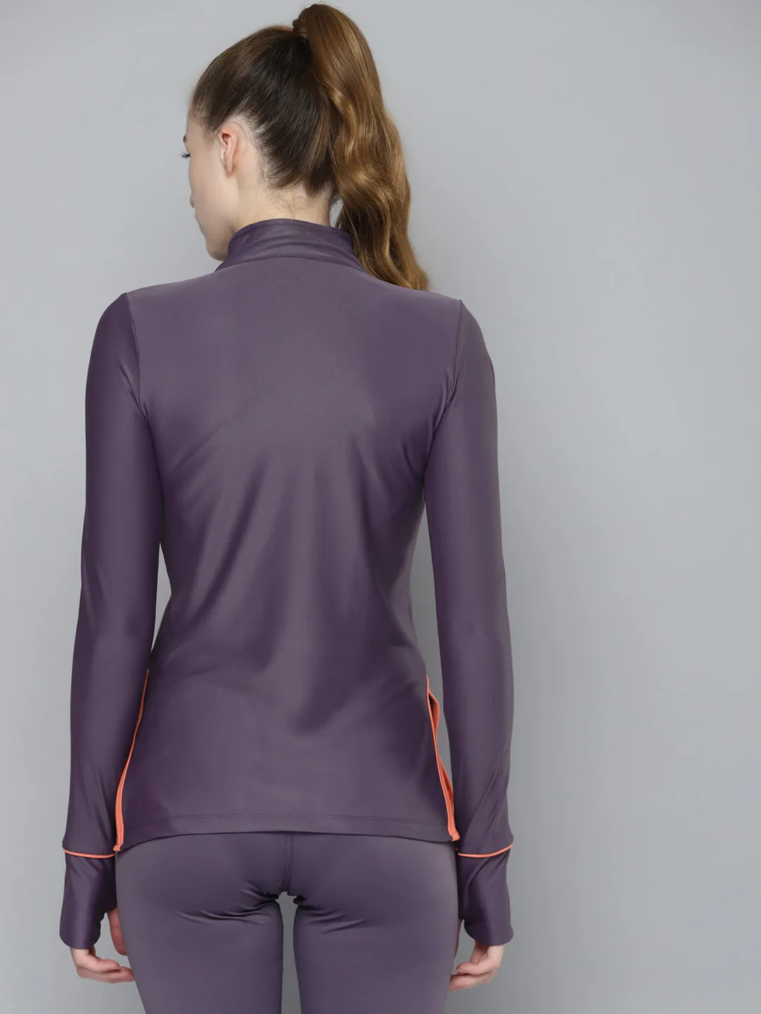 Women's Purple Solid High Neck Half Zipper Thumbhole Training T-shirt