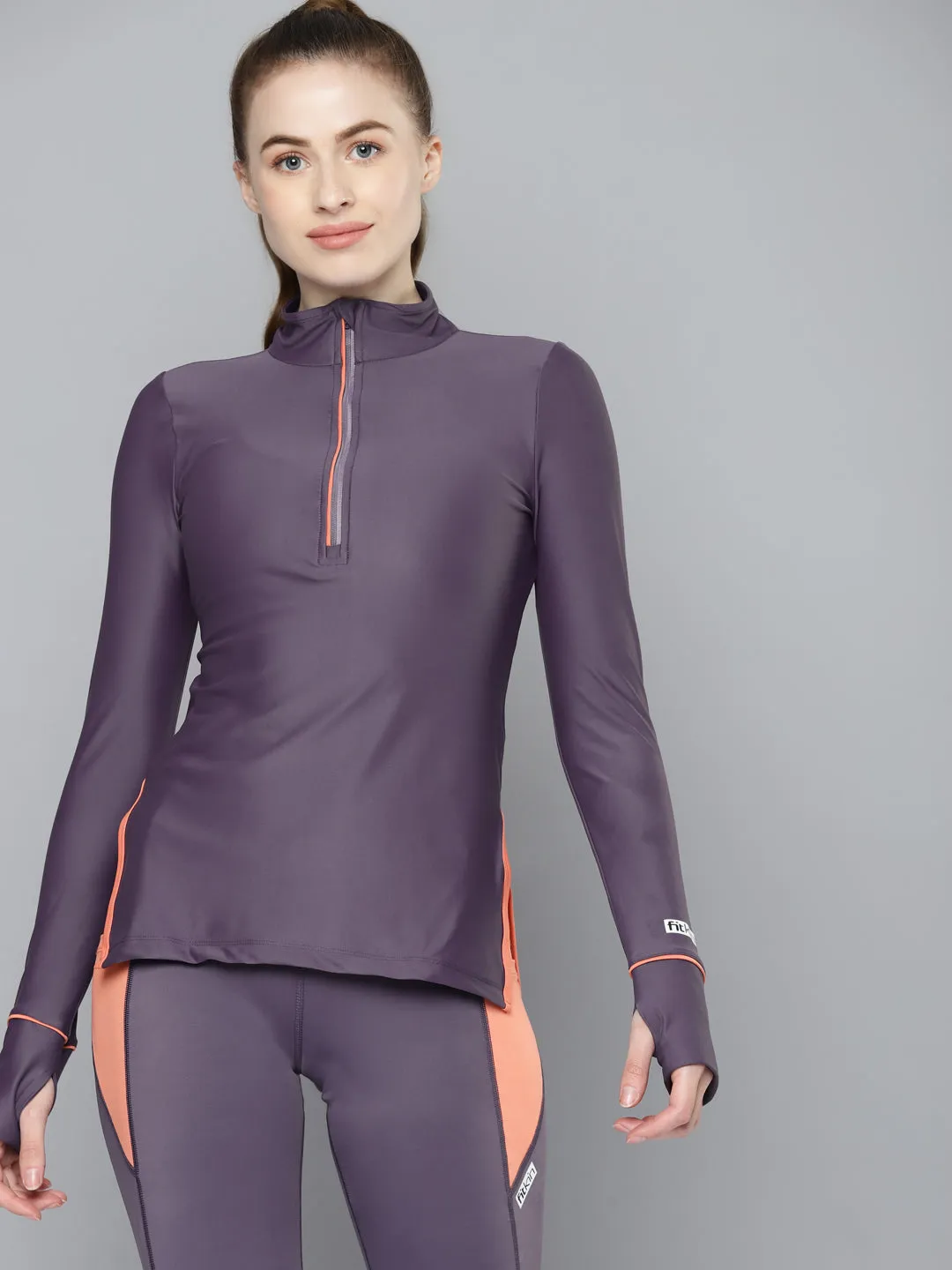 Women's Purple Solid High Neck Half Zipper Thumbhole Training T-shirt