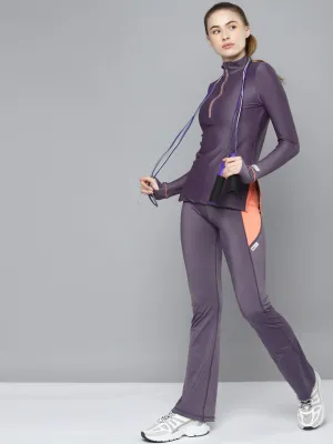 Women's Purple Solid High Neck Half Zipper Thumbhole Training T-shirt