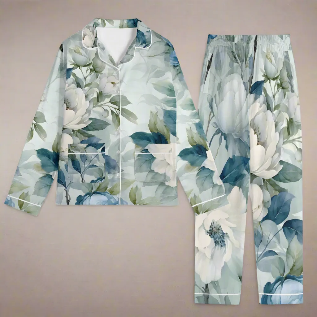 Womens Vintage Floral Print Long Sleeved Pajama Set