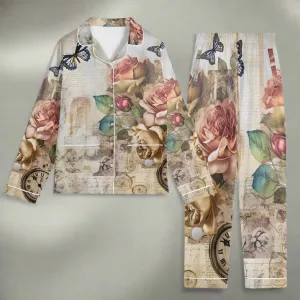 Womens Vintage Floral Print Long Sleeved Pajama Set