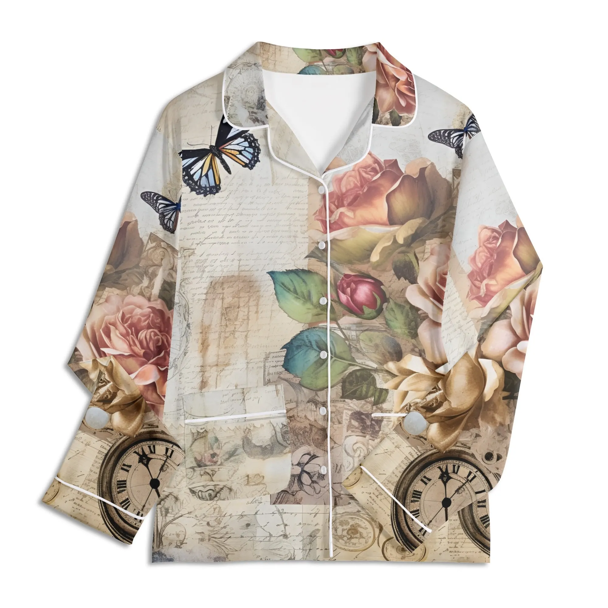 Womens Vintage Floral Print Long Sleeved Pajama Set