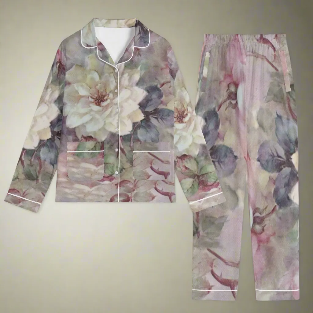 Womens Vintage Floral Print Long Sleeved Pajama Set