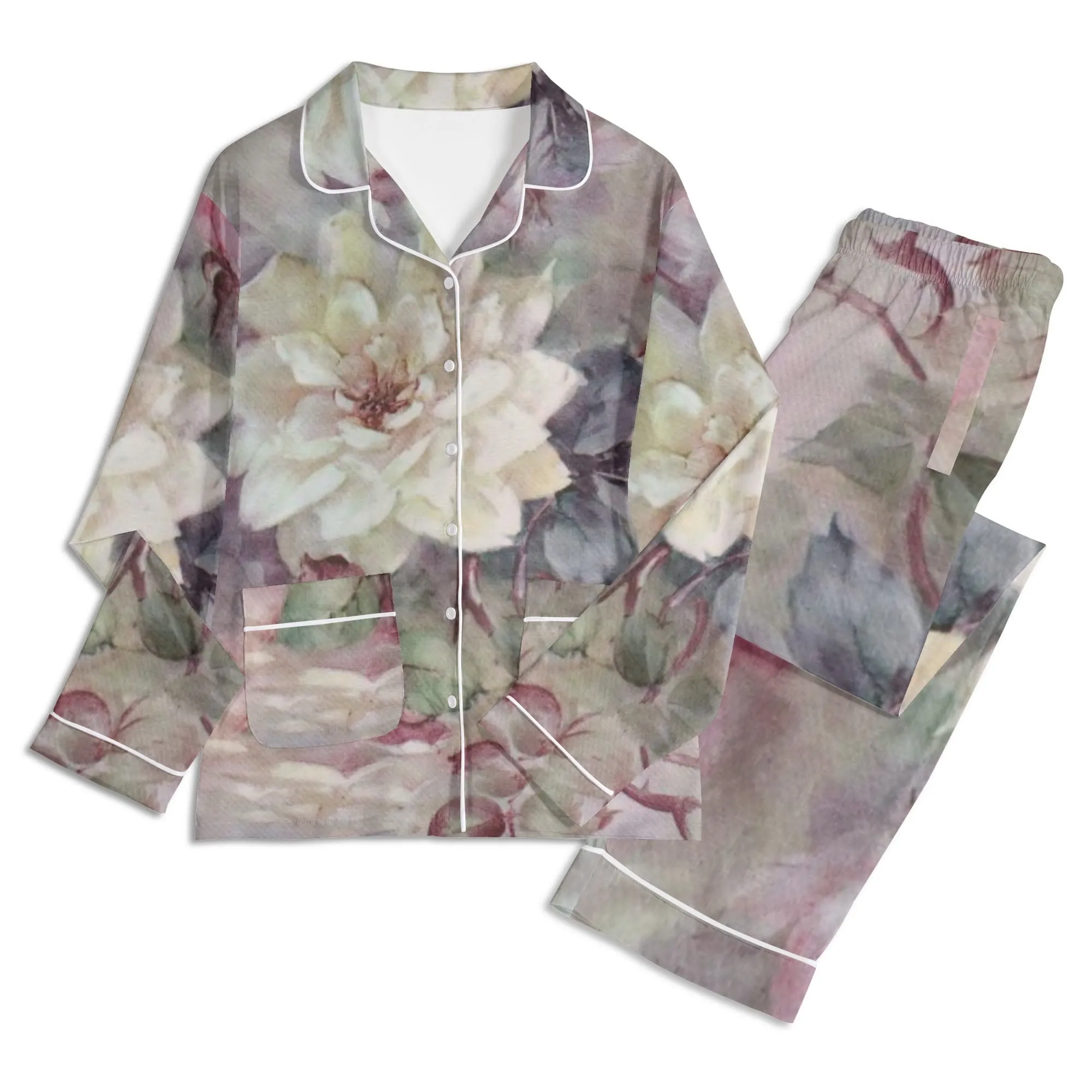 Womens Vintage Floral Print Long Sleeved Pajama Set