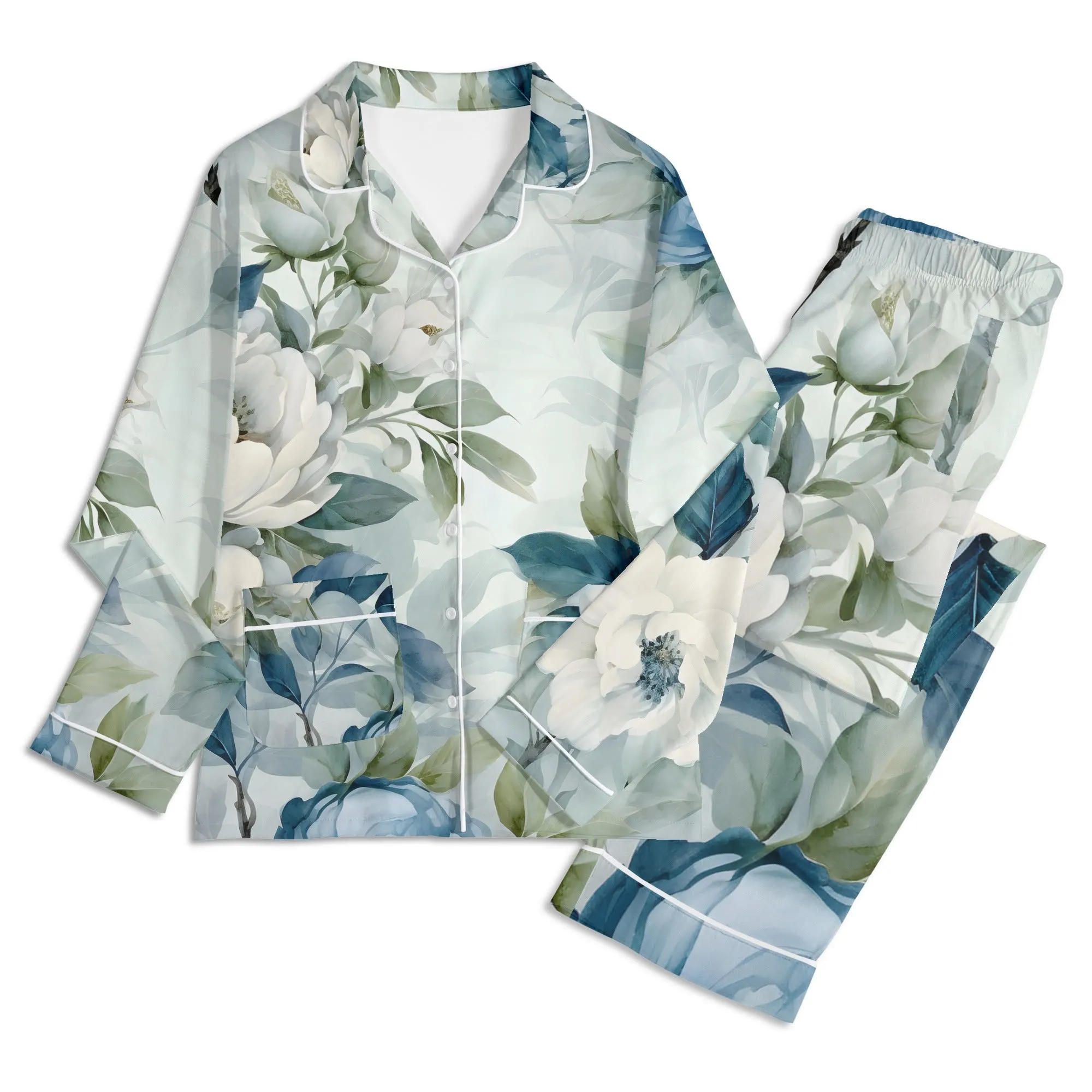 Womens Vintage Floral Print Long Sleeved Pajama Set
