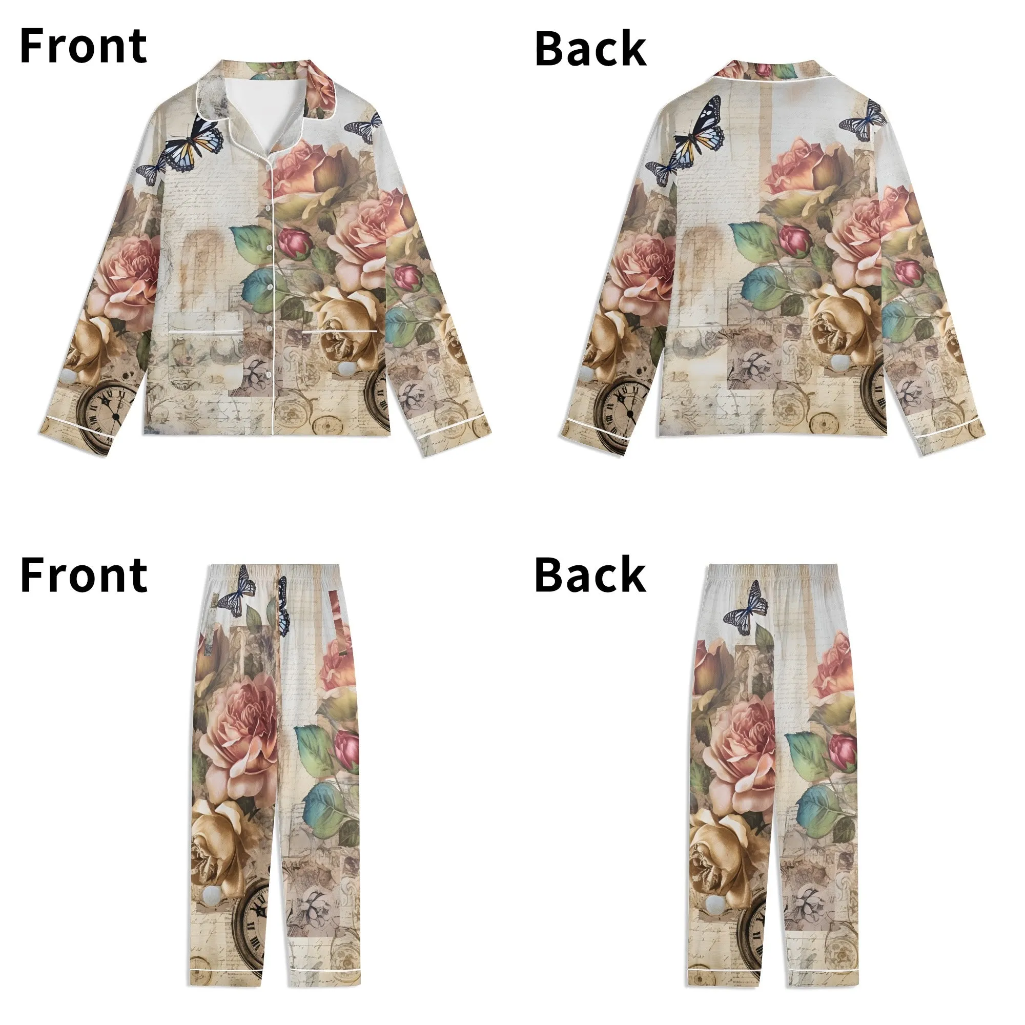 Womens Vintage Floral Print Long Sleeved Pajama Set