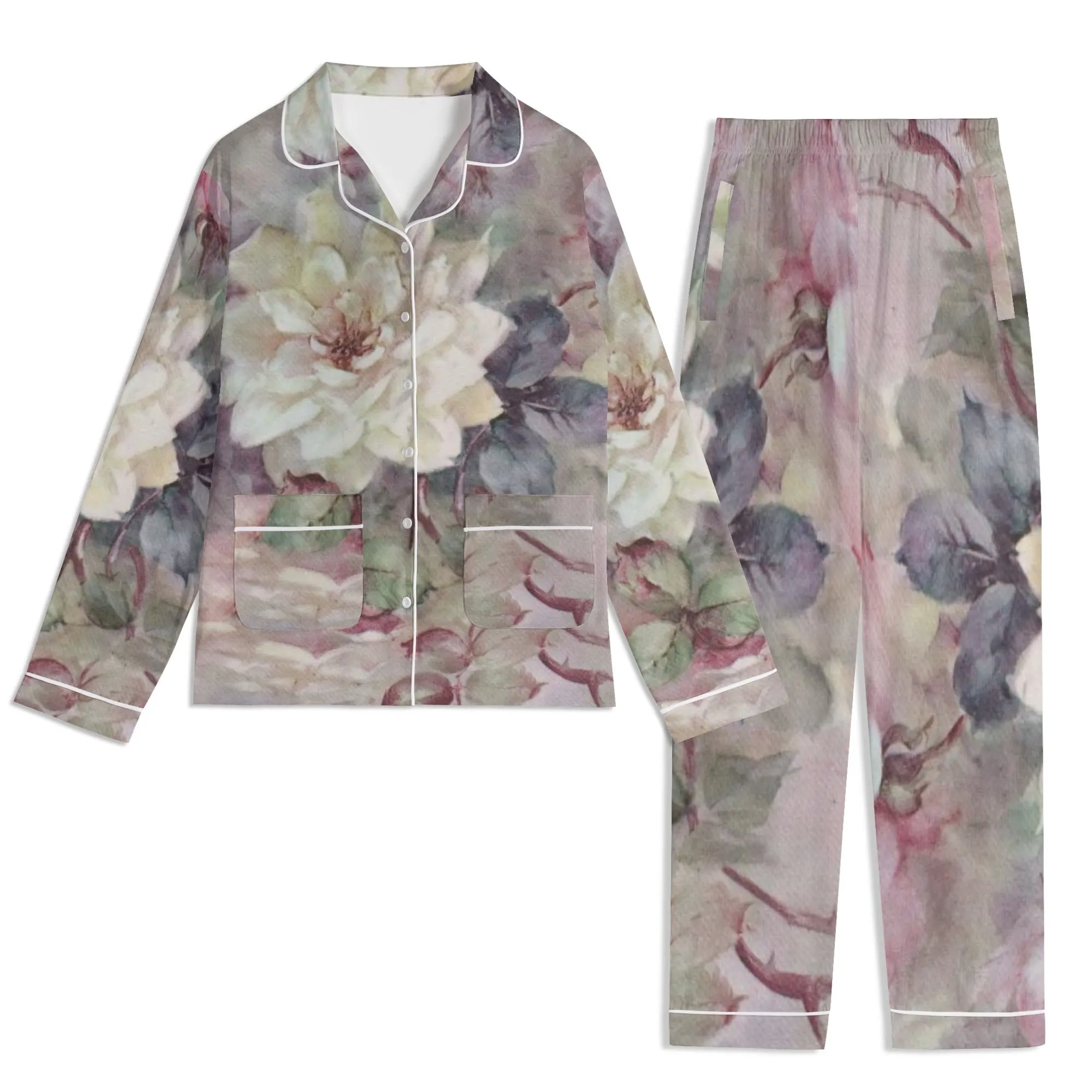 Womens Vintage Floral Print Long Sleeved Pajama Set