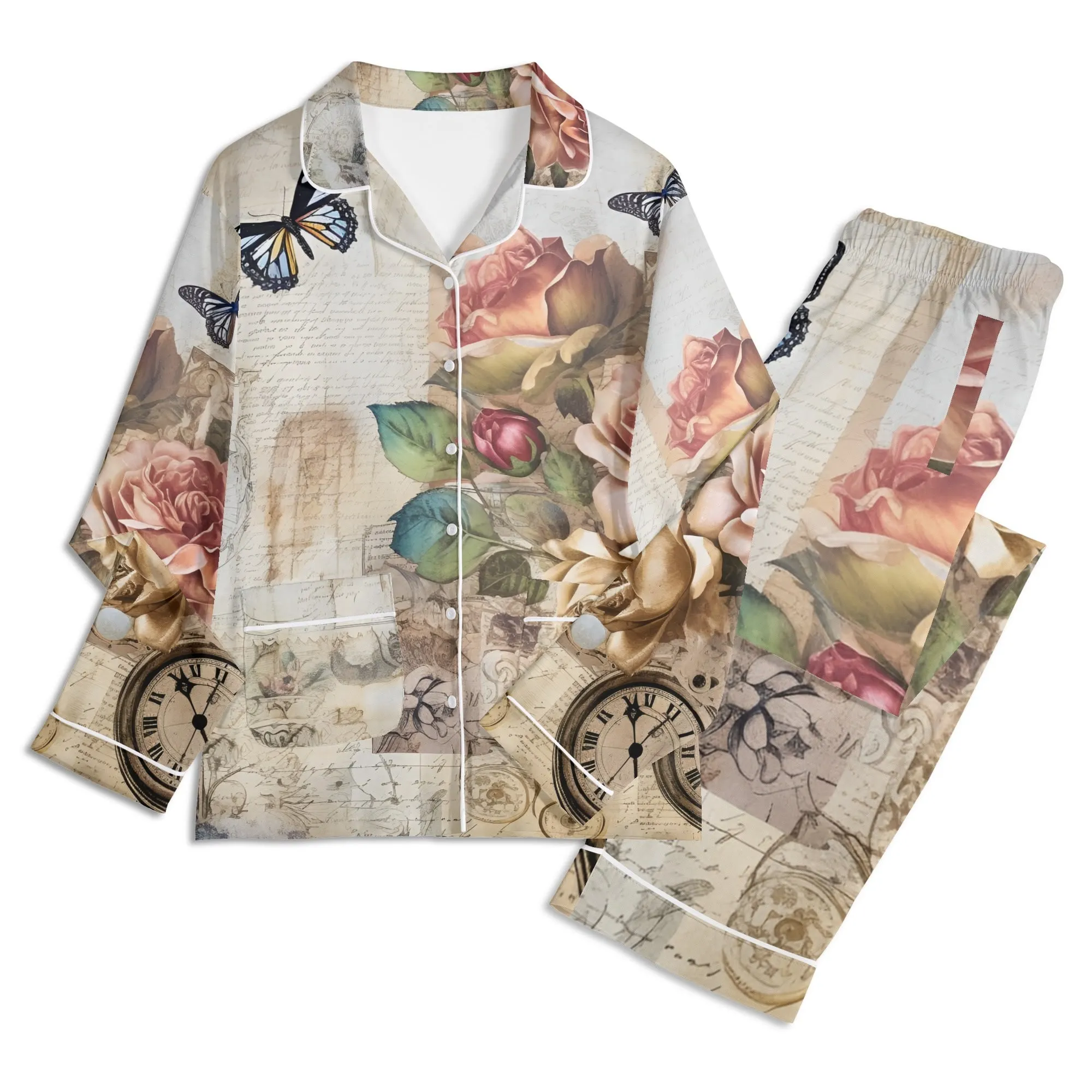 Womens Vintage Floral Print Long Sleeved Pajama Set