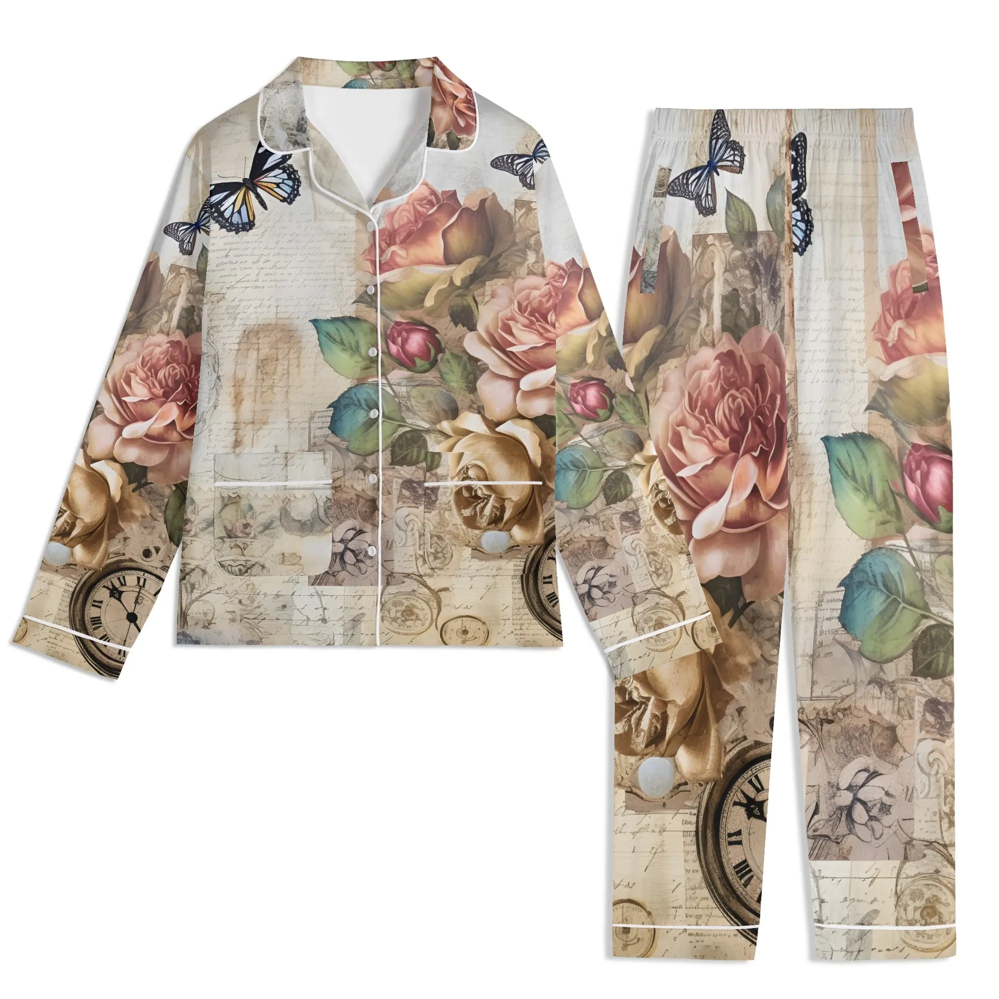 Womens Vintage Floral Print Long Sleeved Pajama Set