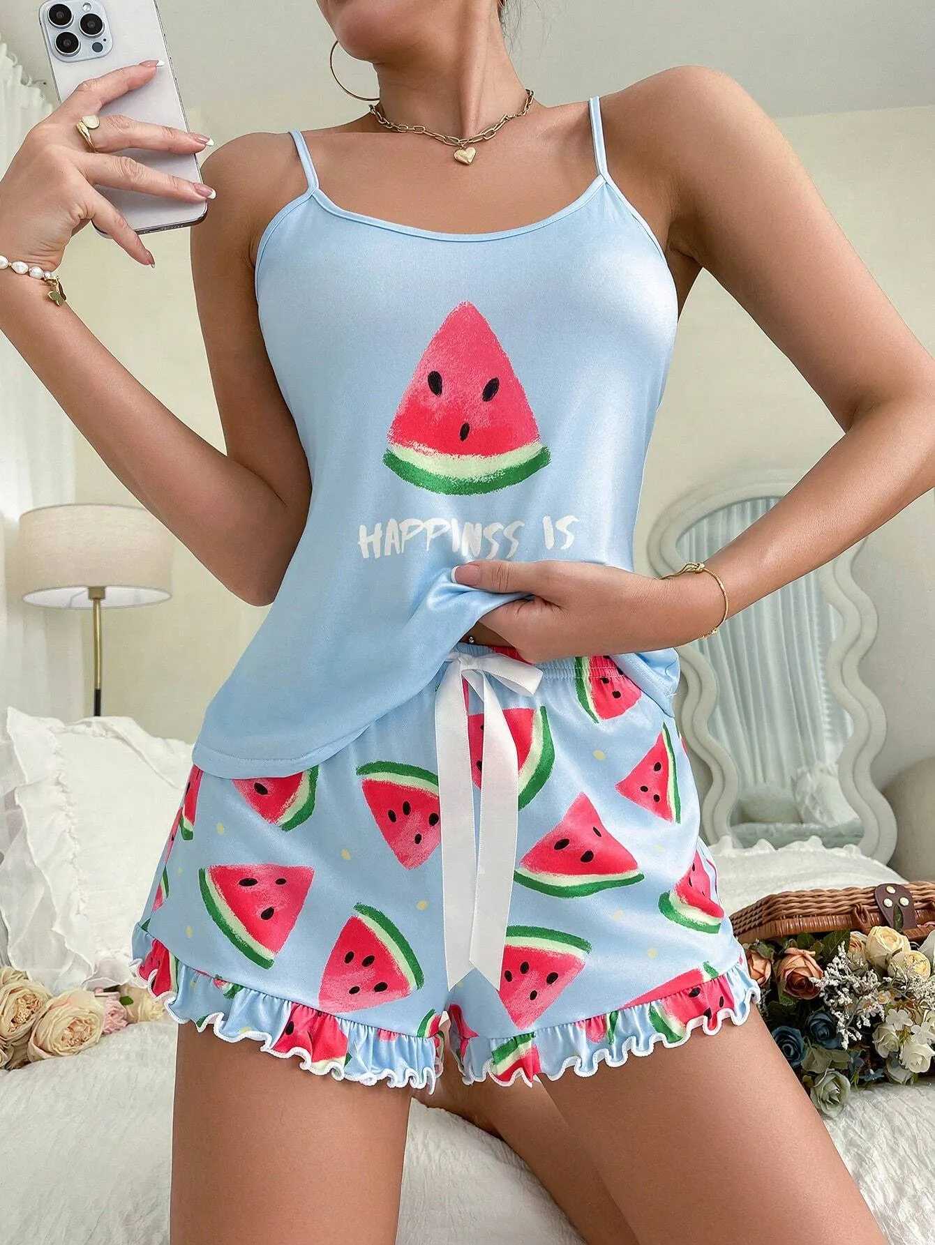 Women's Watermelon V-Neck Spaghetti Strap Ruffle-Trim Pajama Set, Summer