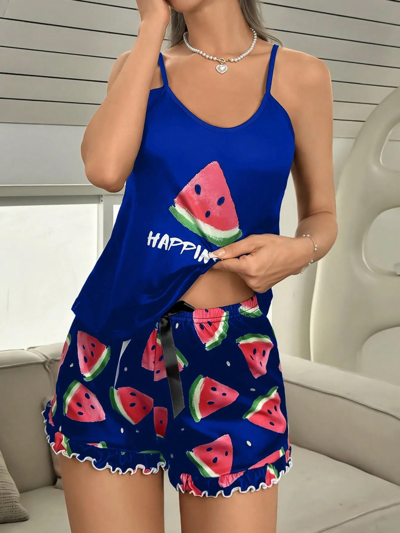Women's Watermelon V-Neck Spaghetti Strap Ruffle-Trim Pajama Set, Summer