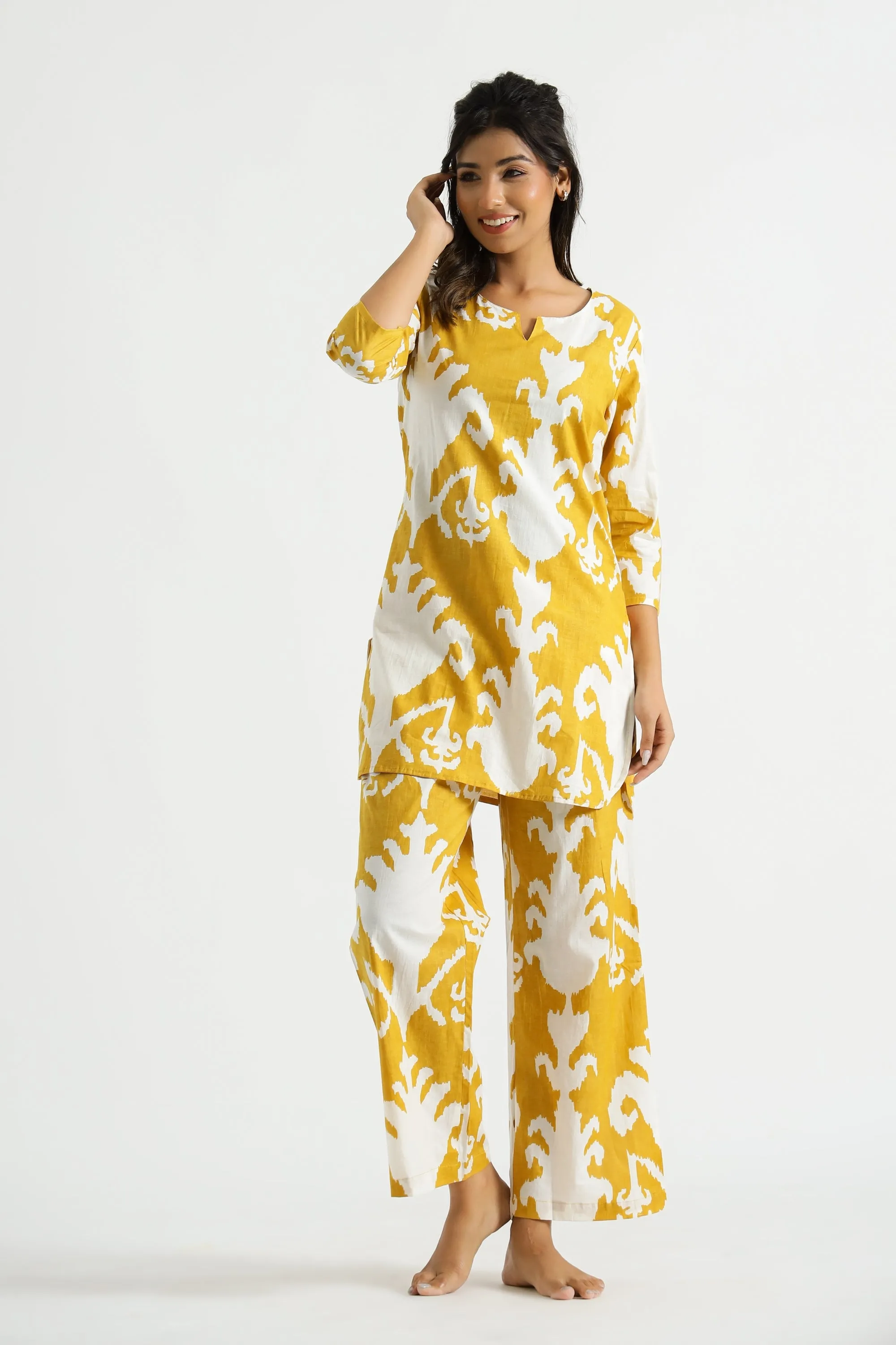 Yellow Motif Organic Printed Pure Cotton Loungewear Set